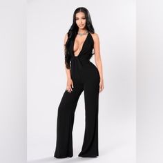 Fashion Nova "Can't Stop My Love" Wide Flare Leg Deep Plunge Neck Jumpsuit Brand New With Tags - Never Worn! Color: Black Size: Small Details: - Wide Leg - Flare - Deep 'V' Plunge Neckline - Center Knot Detail - Spaghetti Straps - Sexy Open Back - Non Stretch - Crepe Material - Sold Out!! This Sexy Jumpsuit Is Absolutely Fabulous! You Need It. Check The Other Listings In My Closet For More Fabulous Items And Make It A Bundle! Flirty V-neck Bodysuit For Party, Chic High Waist Jumpsuits And Rompers For Date Night, Chic High-waist Jumpsuits And Rompers For Date Night, Chic High-waist Jumpsuits For Date Night, Flirty Jumpsuits And Rompers For Date Night, Backless Jumpsuits For Going Out, Elegant High Waist Bodysuit For Date Night, Trendy High Waist Jumpsuits And Rompers For Party, Trendy V-neck Bodysuit For Party