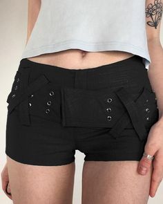 Details: Mini shorts with belt designBottom Length: ShortMaterials:100% Cotton Black Jeans Shorts, Shorts With Belt, Black Jean Shorts, Harajuku Streetwear, Belt Design, Baggy Pants, Mini Shorts, Summer Fabrics