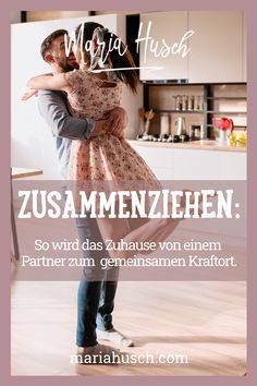 a man and woman dancing together in the kitchen with text overlay that reads, zus ammenzien