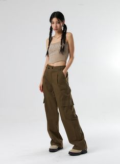 Diagonal Waist Cargo Pants IS322 - Acubi style | LEWKIN Khaki Wide-leg Cargo Jeans, Khaki High-waisted Cargo Parachute Pants, Utility Wide Leg Cargo Pants For Streetwear, Baggy Straight Utility Cargo Pants, Baggy Utility Cargo Pants, High-waisted Khaki Cargo Jeans In Utility Style, High-waisted Khaki Cargo Jeans Utility Style, Khaki High-waisted Utility Cargo Jeans, Khaki High-waisted Cargo Jeans In Utility Style