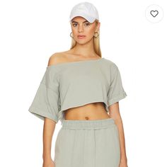 Brand New Lovers And Friends Crop Off Shoulder Top In Sage Green Oversized Cropped Top For Casual Wear, Chic Cropped Tops For Loungewear, Trendy Cropped Top For Daywear, Chic Short Sleeve Crop Top For Loungewear, Casual Cropped Tops For Daywear, Off Shoulder Top, French Terry Fabric, Top Crop, Off The Shoulder Top