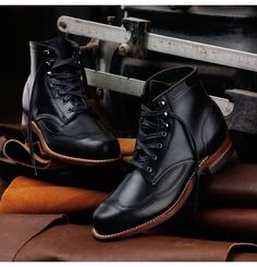 Handmade men black genuine leather ankle boots, Men lace up Wingtip leather boot #Handmade #Wingtip #Casual 1000 Mile Boots, Wolverine 1000 Mile, Wingtip Boots, Custom Design Shoes, Ankle Boots Men, Shoes And Boots, Shoe Game, Leather Ankle Boots, Dress With Boots