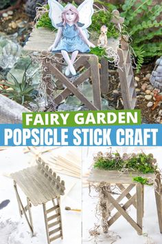 the fairy garden popsicle stick craft is made from wood and has plants growing out of it