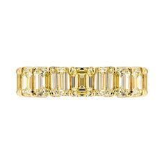 Emerald Cut Anniversary Band in 18K Yellow Gold, 9.51ct. The most wanted piece of jewelry in 2020, timeless, edgy and stylish Handcrafted Band , exotic, the highest quality of mounting you will find! Delicate yet sturdy Mounted in 18K Yellow Gold, 18 emerald cut diamonds totaling 9.51ct total, a little over 0.5ct each stone. All stones are Fancy Light Yellow color and VS2-SI1 clarity (all natural). Sits nice and low to the finger, not bulky, super comfort fit. Ring dimensions: Band width: 6mm Ea Luxury Yellow Gold Bands With Diamond Cut, Luxury Yellow Gold Diamond Cut Eternity Band, Luxury Yellow Gold Emerald Ring Baguette Cut, Luxury Rectangular Yellow Gold Diamond Ring, Luxury Modern Band With Brilliant Cut, Modern Luxury Yellow Gold Eternity Band, Luxury Yellow Gold Eternity Band For Wedding, Luxury Yellow Gold Eternity Band For Formal Occasions, Luxury Yellow Gold Rectangular Wedding Ring