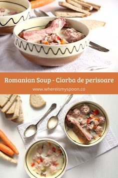 two bowls filled with soup next to carrots and bread