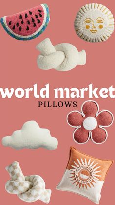 an advertisement for the world market pillow company on pink background with watermelon and clouds