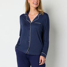 If you sleep hot, this Liz Claiborne Cool and Calm women�s pajama top will be a welcome addition to your nighttime wardrobe. Made from soft breathable stretch-jersey with temperature control and moisture-wicking technology for a cool, peaceful rest, this pajama shirt has a button-front closure, piped trims, a relaxed-fit and a chest pocket. Team it with the matching pajama pants from the collection.Closure Type: ButtonNeckline: Collar NeckPockets: 1 Chest Slip PocketSleeve Length: Long SleeveSle Matching Pajama, Matching Pajamas, Pajama Shirt, Pajama Top, Long Sleeve Pyjamas, Temperature Control, Liz Claiborne, Pajamas Women, Chest Pocket