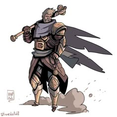 a drawing of a man in armor holding a baseball bat