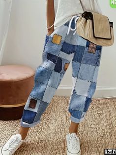 Fisdy - Premium Plus-Size Casual Pants: Womens Denim-Print Elastic Drawstring Trousers with Convenient Pockets Ropa Upcycling, Easy Diy Clothes, Drawstring Trousers, Denim Print, Dressy Casual Outfits, Denim Inspiration, Denim Ideas, Upcycled Fashion, Comfy Pants