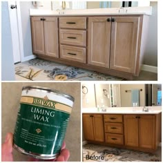 the before and after pictures of a bathroom remodel with oak cabinets, white countertops, and flooring