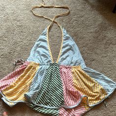 New, In Excellet Condition This Is A Medium Sized Halter Top From Anthropologie. New With Tags. Soft Fabric, Colorful Stripes (Green, Yellow, Pink, Baby Blue) Ties Around The Neck. Bought In The Early Summer & Never Worn Spring Vacation Striped Halter Top, Multicolor Halter Neck Top For Beach Season, Yellow Triangle Top For Spring, Yellow Triangle Halter Top For Spring, Spring Yellow Triangle Halter Top, Striped Halter Top For Spring Beach Outing, Spring Multicolor Stretch Halter Top, Spring Striped Halter Top, Multicolor Stretch Halter Top For Spring