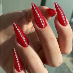 Super Cute And Stylish Ships In 5-10 Business Days Nail Designs On Red Nails, Red Stilleto Nails Designs Bling, Red Jelly Stiletto Nails, Red Prom Dress Nails, Red Nails Rhinestones, Red Bling Nails Rhinestones, Red Stiletto Nails Designs, Red Nails With Gems, Red Rhinestone Nails