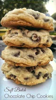 chocolate chip cookies stacked on top of each other