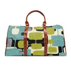 "Ready to turn heads on your next travel adventure? Add some color and sophistication to your vacation wardrobe with this luxe Retro Teal, Lime Green, Gray, Cream Geometric Waterproof Travel Bag. Look fashionable and stay organized, even when you're miles away from home. Crafted with superior waterproof fabric, this jazzy mid-century modern weekender bag features multiple compartments for all your essentials, a resilient carrying handle for convenient portability and an adjustable shoulder strap for easy wear. Styled with high-grade PU leather handles and gold zippers, you'll be traveling in true luxury! Pack it up today! Key Features One size: 20\" × 12'' × 9\" (50.8cm × 30.5cm × 23cm ) 100% high-grade microfiber PU leather: Microfiber leather is a type of synthetic leather, made from a c Modern Green Travel Luggage, Green Duffle Bag With Luggage Sleeve, Modern Green Travel Accessories With Luggage Sleeve, Trendy Rectangular Travel Bag, Trendy Rectangular Bag For Trips, Trendy Rectangular Bags For Trips, Green Satchel Travel Bag With Luggage Sleeve, Modern Green Shoulder Bag With Luggage Sleeve, Modern Multicolor Travel Bags