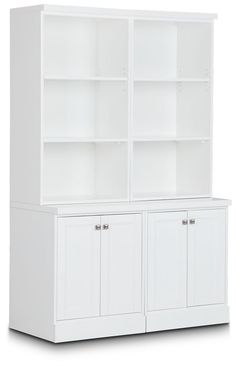 a white bookcase with two doors and three cupboards