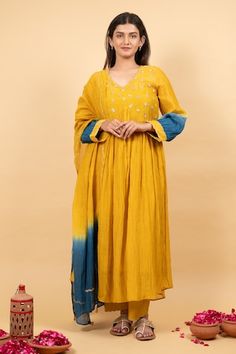 Mustard anarkali featuring floral, sequin hand embroidery on the yoke with ombre sleeves. Paired with a solid pant, an ombre dupatta and a slip. - Aza Fashions Mustard Anarkali, Ombre Dupatta, Floral Anarkali, Yellow Anarkali, Karva Chauth, Embroidered Anarkali, Silk Suit, Indian Heritage, Women Kurta