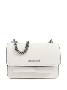 white leather rectangle shape front flap rounded corners metallic chain detail internal slip pocket single card slot adjustable shoulder strap logo patch to the front Bag Michael Kors, Michael Kors Crossbody Bag, Michael Kors Shoulder Bag, Chanel 2, Metallic Bag, Iconic Bags, Demi Fine Jewelry, Small Shoulder Bag, Fine Earrings