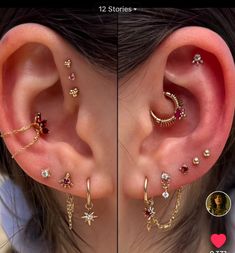 two pictures of ear piercings with stars and moon designs on the side of them