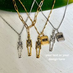 Our Personalized Tiny Sterling Silver Human Skeleton Necklace is a truly unique and one-of-a-kind piece of Halloween jewelry. Crafted with attention to detail, this miniature skeleton pendant is made from high-quality sterling silver, showcasing its delicate and intricate design. Customize the necklace by adding a personal touch with initials, a name, or a special date, making it a meaningful keepsake or a gift for someone who loves spooky and unique accessories. This dainty skeleton necklace is Gold Skull Necklace For Halloween, Halloween Skull Shaped Gold Jewelry, Spooky Skull Jewelry For Gifts, Halloween Novelty Jewelry With Charms, Personalized Themed Jewelry For Halloween, Nickel-free Gold Necklace For Halloween, Themed Personalized Jewelry For Halloween, Halloween Themed Personalized Jewelry, Unique Skull Jewelry For Halloween