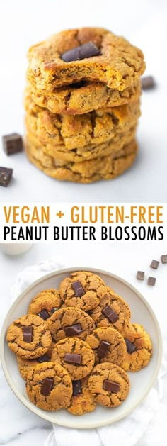 vegan and gluten - free peanut butter blossoms cookies on a white plate