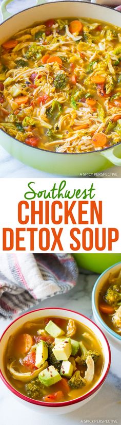 Southwest Chicken Detox Soup Recipe - A healthy low-fat, low-carb, gluten-free soup with tons of flavor. This southwest chicken soup packs a punch! #ASpicyPerspective #Cleanse #Detox #Diet #Soup #Chicken Chicken Detox Soup, Best Fiber Foods, Southwest Chicken Soup, Protein Meal Plan, Healthy Protein Meals, Atkins Recipes, Menu Food, 1200 Calorie, Southwest Chicken