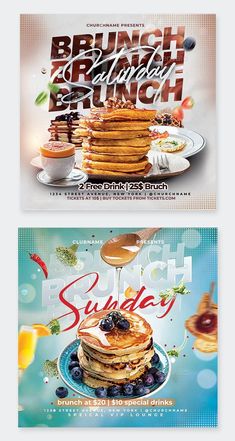 two banners for brunch and lunch with pancakes, blueberries and syrups