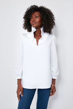 White Poplin Ruffle Neck Bouvier Blouse | Tuckernuck Feminine Ruffled Collar Blouse For Brunch, Elegant Workwear Shirt With Ruffled Collar, Feminine Office Shirt With Ruffled Collar, Chic Tops With Ruffled Collar For Work, Classic Shirt With Ruffled Collar For Office, Classic Office Shirt With Ruffled Collar, Elegant Ruffled Collar Top For Office, Elegant Top With Ruffled Collar For Office, Feminine Ruffled Collar Office Top