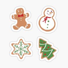 four stickers with different types of christmas decorations on white background, including gingers and snowflakes