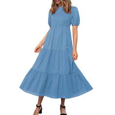 Light Blue Back Lace-up Pleated Short Sleeve Midi Dress Blue Solid Color Midi Dress For Day Out, Spring Light Blue Solid Midi Dress, Blue Midi Dress Solid Color, Blue Pleated Midi Dress With Short Sleeves, Light Blue A-line Pleated Dress, Blue Pleated Short Sleeve Midi Dress, Knee-length Light Blue Cotton Denim Dress, Blue Midi-length Pleated Dress, Short Sleeve Midi Dress