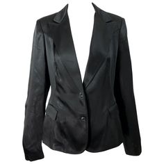 Chic late 90s ALESSANDRO DELL'ACQUA black silk satin look blazer jacket ! Smart tailored fit, with two buttons up the front. Pockets at each side of the waist. Fully lined. The perfect black blazer that is a timeless investment to any wardrobe. Great with jeans, trousers, a skirt, or over a dress. In great condition Made in Italy Marked Size IT 46 ( US 10 ) Measurements: 38 inch bust 32 inch waist Chic Single-button Silk Blazer, Single-breasted Satin Outerwear For Business, Single Breasted Satin Outerwear For Business, Silk Single-breasted Blazer For Office, Silk Single Breasted Blazer For Office, Silk Single Button Blazer For Workwear, Classic Satin Outerwear For Business, Black Silk Suits With Lapel Collar, Classic Fitted Satin Outerwear