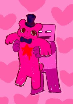 a drawing of a pink teddy bear with a top hat and bow tie holding a cell phone