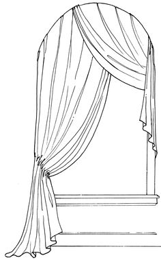 an open window with curtains drawn in black and white