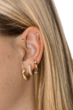 Gold Diamond Piercing, Everyday Gold Cubic Zirconia Piercings, Gold Earrings Chunky, Gold Cubic Zirconia Piercings Tarnish Resistant, Gold Huggie Piercings With Diamond Accents, Gold Chunky Earrings Aesthetic, Gold Piercings With Diamond Accents And Cubic Zirconia, Maximalist Earring Stack, Gold Diamond Star Earrings