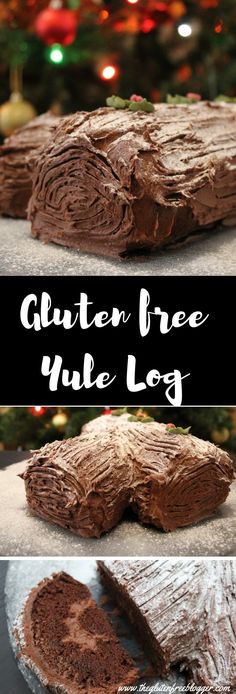 a cake with chocolate frosting on top and the words gluten free yule log