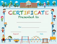 a certificate with children playing in the park and playgrounds on it's side