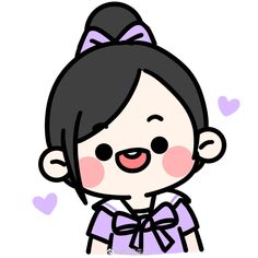 a cartoon girl with a bow on her head and hearts around her neck, wearing a purple