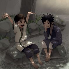 two anime characters sitting on rocks in the water with their hands up and one holding his head