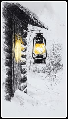 a black and white drawing of a light hanging from a log cabin in the snow