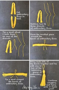 instructions on how to tie a tassel with yellow thread and scissors for the neck