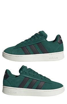 Suede leather adds a classic touch to this tennis-inspired sneaker with modern tech to keep you moving comfortably from day to day. Leather and synthetic upper/textile lining/rubber sole Imported Green Leather Sneakers With Embossed Logo, Adidas Green Leather Skate Shoes, Adidas Low-top Sneakers With Embossed Logo, Casual Green Sneakers With Embossed Logo, Adidas Sporty Sneakers With Embossed Logo, Modern Green Adidas Sneakers, Green Synthetic Tennis Sneakers, Adidas Synthetic Tennis Sneakers, Adidas Grand Court Alpha