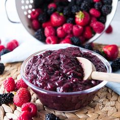 berry sauce in a glass bowl with fresh berries around it