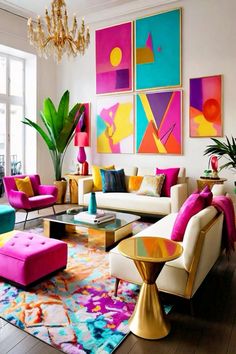 Living Room Design Ideas Colorful Airbnb, Bright Office Decor, Colorful Living Room Bright, Bright Color Decor, Bright Furniture, Vibrant Decor, Vibrant Living Room, Colourful Living Room Decor, Colorful Apartment