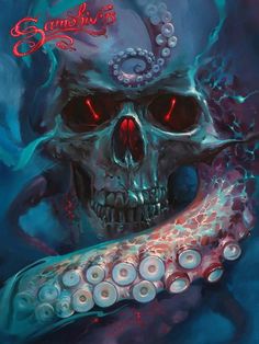 the skull is holding an octopus in its mouth and it's eyes are glowing red