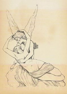 an ink drawing of two angels hugging each other