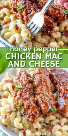 two plates with macaroni and cheese covered in honey pepper chicken sauce, on top of each other