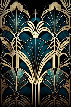 an art deco wallpaper design with gold and blue accents on a black background in the style of art deco