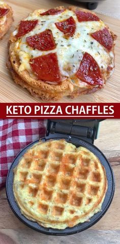 two different types of waffles with cheese and pepperoni toppings on them