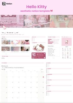 the hello kitty desktop calendar is displayed in pink and white, as well as other items