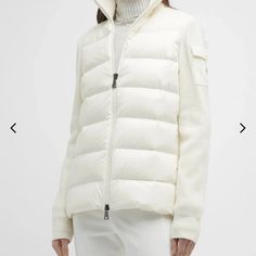 Women’s Moncler Down Tricot Cardigan Sweater And Puffer Size 2xl New With Tags Color Natural Fitted White Outerwear With Ribbed Cuffs, White Outerwear For Layering In Fall, White Workwear Cardigan With Ribbed Cuffs, White Cashmere Cardigan With Ribbed Cuffs For Work, White Outerwear With Ribbed Cuffs For Fall, White Ribbed Cuffs Fall Outerwear, Puffer Coat With Fur, Grey Parka, Moncler Puffer