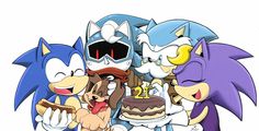 sonic the hedgehog and his friends are celebrating their first birthday with a slice of cake